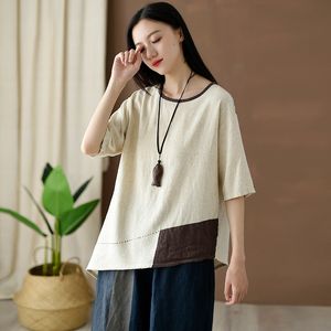Johnature Women Cotton Linen T-Shirts Vintage O-Neck Short Sleeve High Quality Summer Casual Plus Size Women T-Shirts 210521