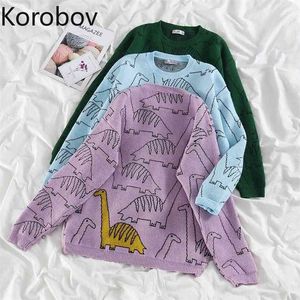 Korobov japansk stil vintage tecknad kvinna tröja koreanska o neck långärmad harajuku pullovers preppy stil super mujer 210812