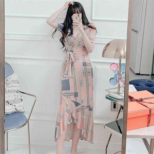 Wrap lång klänning för kvinnor sommar korea kortärmad v nacke elegant tryck bomull sundress sexiga damer lösa klänningar 210602