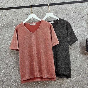 Mode glänsande överdimensionerad sommar grundläggande tröja pullover kvinnor kort ärm v hals plus size kint tröjor kvinnlig jumper 210604