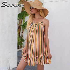 SURMIITRO Sexy Women Camisole Strap Summer Dress Striped Sundress Lace Up Tunic Beach Party Sun Mini Dress Female 210712