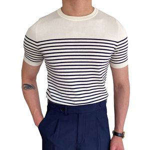 男夏ネイビースタイルストライプTシャツスリムフィットサイドロープの詳細コットンTシャツ男性服