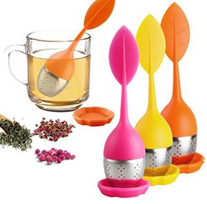 7 Colors Silicone Infuser Reusable Stainless Steel Tea Strainer Sweet Leaf With Drop Tray Novelty Ball Filter Teas Tool SN2561
