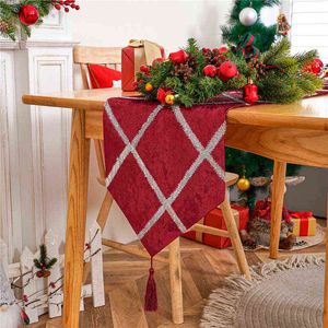 Corredores de mesa de Natal Tecido de linho de algodão vermelho com borlas mesa de decoração de mesa para sala de jantar cozinha ao ar livre festa de casamento 211117