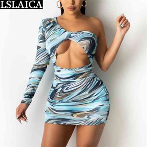 Abito estivo donna manica lunga una spalla scava fuori sexy femminile vita alta stampa elegante casual mini es lady 210515