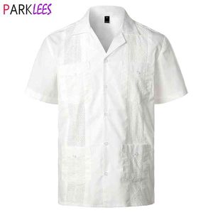 Vit Kubanskt Camp Guayabera Skjorta Män Stilfull Broderade Vävda Button-Down T Shirts Mexikansk Caribbean Style Beach Shirts 2xL 210522