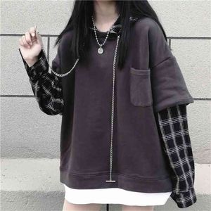 봄 가을 여성의 탑 한국 스타일 가짜 2 피스 플러스 사이즈 스티치 스웨터 셔츠 느슨한 풀오버 GX794 210507