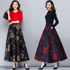 Mom High Waist Warm Vintage Wool Maxi Skirt Womens Winter Plus Size Print Fllower Woolen s Ladies Casual Saia Longa 210421