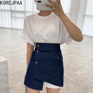 Korejpaa Women Sets Summer Korean Chic Ladies All-Match Round Neck Loose T-Shirt High Waist Button Irregular Denim Skirts 210526