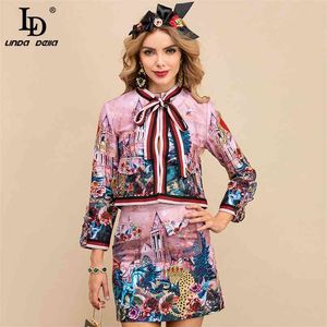 秋のファッションデザイナースカートスーツ女性の長袖の花プリントジャケット+ミニビンテージツーピースセット210522