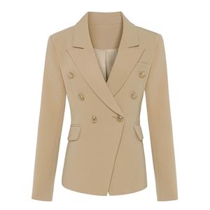 Top Quality Elegante Designer Clássico Blazer Mulheres Double Breasted Metal Leão Botões Blazer Jaqueta Outer Wear Khaki 211112