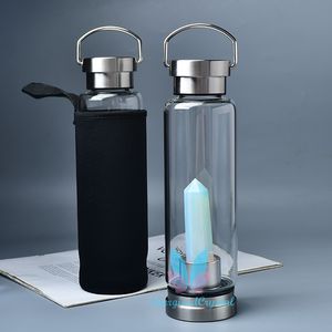 크리스탈 포인트 병 휴대용 자연 reiki 쿼츠 보석 포인트 컵 스테인레스 스틸 멀티 컬러 drinkware 치유 500ml 하이킹 캠핑 수화 액세서리