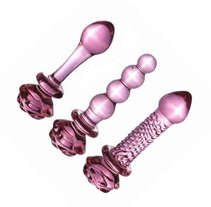 NXY Sex Anal Leksaker Crystal Rose Penis Glass Mäns G-Spot Plug Pärlor Onani Erotisk Expander Vuxen Toy Products Prostata 1202