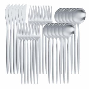 Talheres Conjuntos 30pcs Matte Prata Aço Inoxidável Talheres De Aço Set Dinnerware Jantar Forquilhas Facas Colheres Safe Silverware