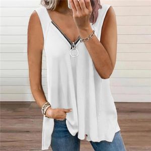 Damska koszulka Casual Luźne Letnie V-Neck Niski Cut Zipper Kontrast Kolor Bez Rękawów Tank Tops Kamizelka Kobiety Odzież 2021 Streetwear