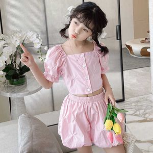 Dziewczyna Ubrania Zestaw Różowy Kolor Bluzka Koszula I Spódnica Dla Dzieci Dzieci Dzieci Letnia Odzież Garnitur 2-8years Old Dzieci Korea Odzież 210715