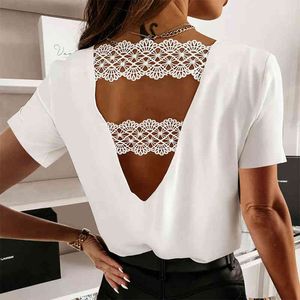 Kvinnor Sexig Lace Hollow Out Backless T-shirts Sommar Casual V Neck Kortärmad Kontor Lady Chic Loose Solid White Tops Tees 210416