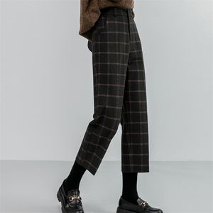 Chic woolen xadrez outono inverno mulheres de cintura alta forma formal calças retas soltas tornozelo-comprimento feminino botas mais tamanho 210601