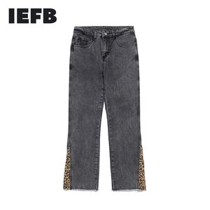 IEFB High Street Hip Hop Jeans Flared Denim Pants Washed Distressed Leopard Patchwork Bottoms Loose Trousers 9Y7288 210524