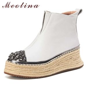 Meotina inverno tornozelo botas mulheres natural plataforma de couro genuíno cunha salto alto botas curtas zíper sapatos senhora outono 210608