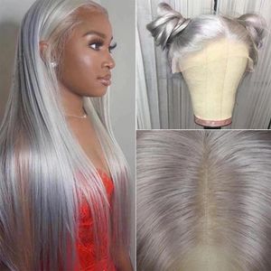 Silver Grey T Part Lace Front Human Hair Wigs Peruwiański Prosto Pre Zieszany 13x1 Wig Szary Długi Cal Remy