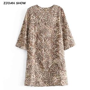 Spring Bohemia Round Neck Khaki Leopard Print BOHO Dress Hippie Women 3/4 Sleeve Loose Straight Short Dresses Holiday 210429