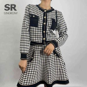 Singreiny أزياء المرأة الخريف منقوشة محبوك مجموعات طويلة الأكمام houndstooth سترة + ارتفاع الخصر متماسكة تنورة سترة اثنان قطعة مجموعة Y220214