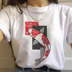 Japan Koi Fish Graphic Print T-shirt Women 2020 New Summer Fashion White Tops Tshirt Harajuku Aesthetic Vintage Female T Shirt X0628