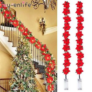 2m 10led julkonstgjorda Poinsettia Blommor Garland String Lights Holly Leaves Xmas Tree Ornament Jul Heminredning 211122