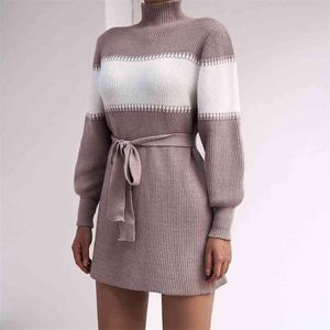 Foridol Knitted Stripe Straight Winter Sweater Dress Women Lantern Sleeve Vintage Short Basic Turtleneck Dress Winter Clothes 210415