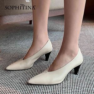 SOPHITINA Ladies Pumps Mid-mouth Design Sewing Pointed Toe Fashion Female Shoes Spike Heels Leather Handmade Women's Shoes AO114 210513