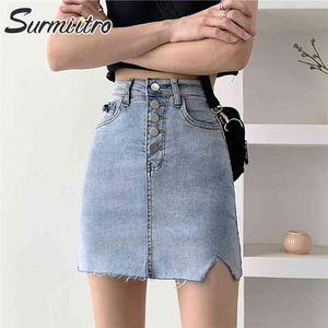 Spring Summer Plus Size S-5XL Korean Style Women Blue Black Button Denim High Waist Mini Pencil Skirt Female 210421