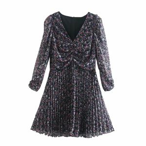 Kvinnor blommig tryck pressad pleat chiffong mini klänning kvinnlig v neck puff ärm kläder casual lady lös vestido d6963 210430