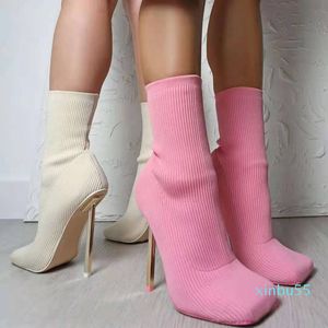 Mulheres Sexy Sock Botas Verde Curto Ankle Boot Botão Alto Saltos Quadrados Does Outono Inverno Senhoras Fashion Shoes Bege Pin