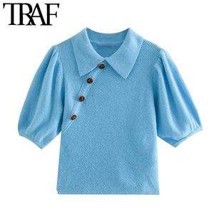 TRAF Women Fashion Decorative Buttons Cropped Knitted Sweater Vintage Puff Sleeve Female Pullovers Chic Tops 210415