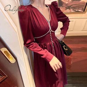 Jesień Kobiety Maxi Party Rękaw Rocznika Burgundy Diament Satyna Długa Tunika Dress 210415