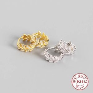 Hoop & Huggie GS 925 Sterling Silver Gold Shiny Crystal Olive Leaf Branch Earrings For Women Dainty Cubic Zirconia Jeweled Earring