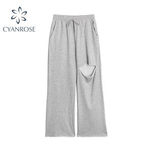 Lång byxa kvinnor Hög midja Ripped Hole Wide Leg Höst Koreanska Solid Casual Loose Rak Byxor Streetwear Jogger 210515