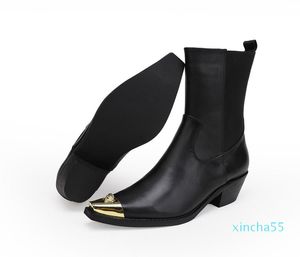 Buty Damskie Brand Jesień Niski Obcas 4.5 cm Chunky Botki Kostki Knight Cow Skóra Martin Zima Guma Niepoślizgowa Slip On Buty