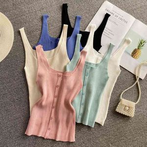 korean summer women's solid color single-breasted slim-fit U neck sling short cropped knitted vest halter top Camis 210420