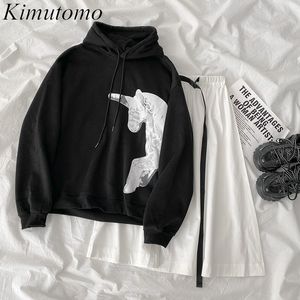 Kimutomo Fashion Two Piece Set Women Spring Style Hooded Black Print Long Sleeve Hoodies and Solid White Skirt Elegant 210521