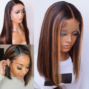 Markera spetsfront peruk ombre brun färgad brasiliansk kort bob mänskligt hår för kvinnor förhandsgränsade syntetiska peruker