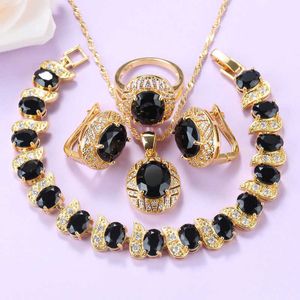 Wedding Bridal Big Jewelry Sets Gold Color African Necklace Sets For Women Black Cubic Zirconia Charm Bracelet And Ring Sets H1022