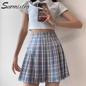 Surmiitro夏のファッションプリーツスカート女性韓国風ブルーの格子縞Aラインハイウエストショートミニスカート女性210712