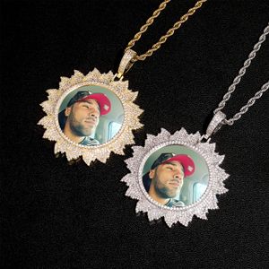 Collana con medaglione con foto personalizzata, ciondolo a forma di fiamma, zircone ghiacciato, regalo di gioielli hip-hop da uomo placcato in oro argento