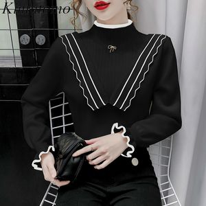 Kimutomo Kvinnor Halv Turtleneck Sweater Spring Autumn Korea Chic Mode Kvinna Solid Wild Ruffles Stickade Pullovers Elegant 210521