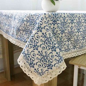 Retro Linen Cotton Tablecloth Washable Coffee Dinner Blue and White Porcelain Table Cloth for Christmas Wedding Banquet 210626