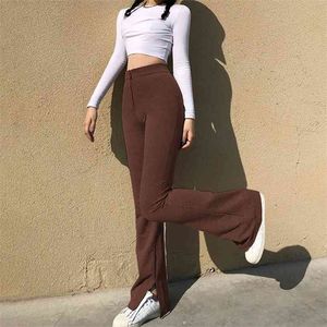 Omsj cedo primavera moda lazer cintura alta swaetpants cor sólida esportes split estilo simples calças claras mulheres streetwear 210517
