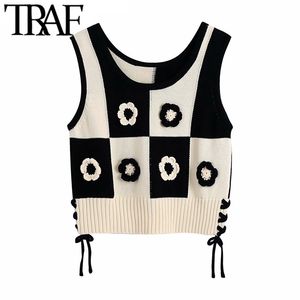 TRAF Women Fashion Floral-Shop Crochet Knit Vest Sweater Vintage Ärmlös Sida Slipsar Kvinnor Waistcoat Chic Toppar 211009