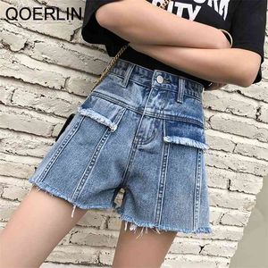 Women's Casual Denim Shorts Frayed Raw Hem Ripped Jeans High Waist Wide Leg A-Line Summer Beach Sexy 210601